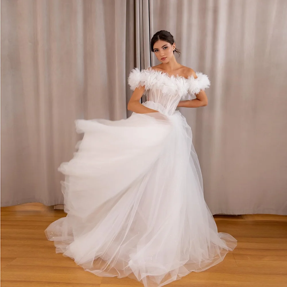 

Women's Boat Collar Tulle Ruffles A-line Illusion Wedding Gown Backless Beaded Crystal Wedding Gowns with Sweep Trian Customized
