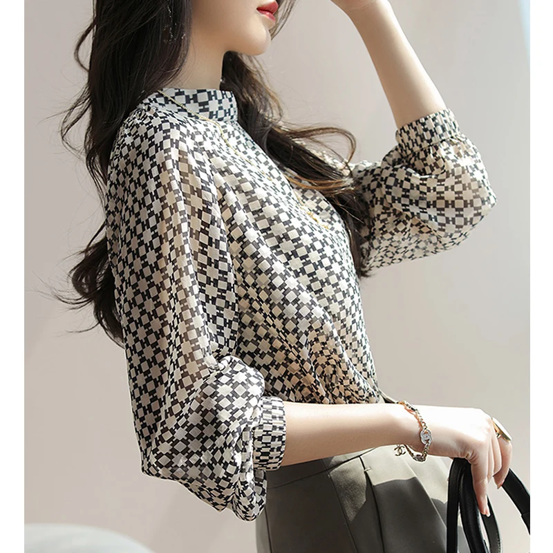 Fashionable Small Shirt Light Maturity Style Korean Version Commute Style Long Sleeve Printed Silk Women's Top Flower Kaki