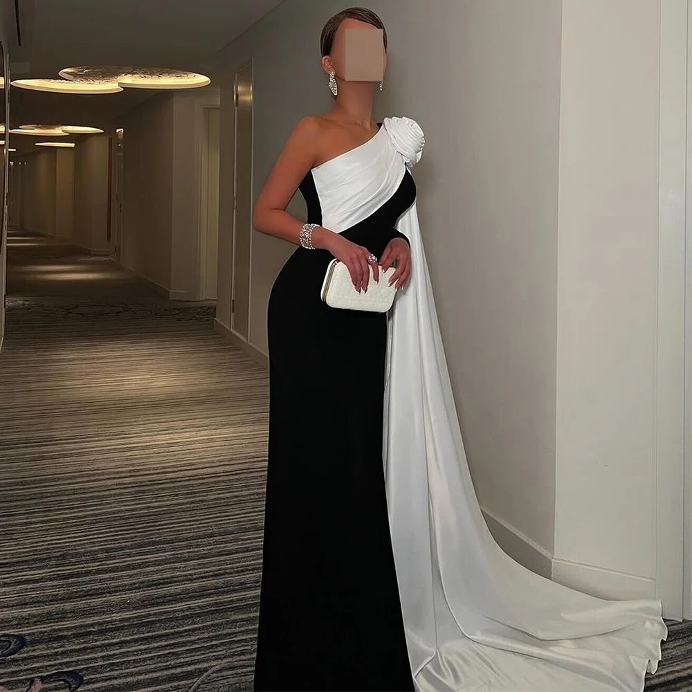 

White Elegant Dresses for Special Events Jersey Sheath/Column Prom Dress Black One-shoulder Draped 3D flowers Celebrity Gown