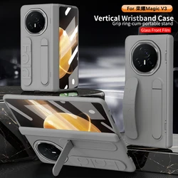 Luxury Skin Friendly Frosted Wristband Holder Case for Honor Magic V3 MagicV3 Fold Hinge with Tempered Film Shockproof Hard Case