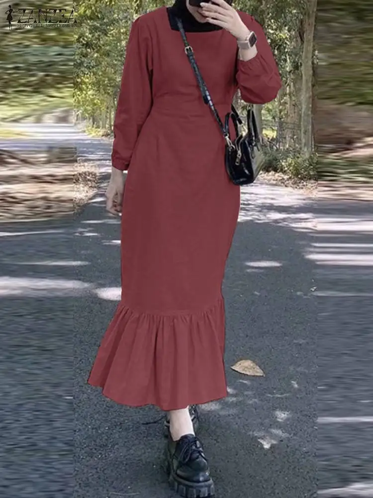 

Autumn Women Long Sleeve Maxi Dress Muslim Abaya ZANZEA Elegant Square Neck Fishtail Vestidos Robe Femme Casual Party Sundress