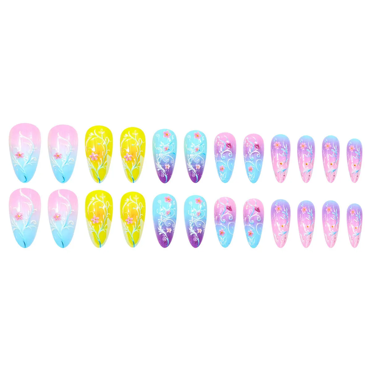 24pcs Macaroon สีอัลมอนด์เล็บปลอม Gradient สายรุ้งดอกไม้รูปแบบพิมพ์กดบนเล็บหวานเกาหลีสไตล์เล็บปลอมเคล็ดลับ