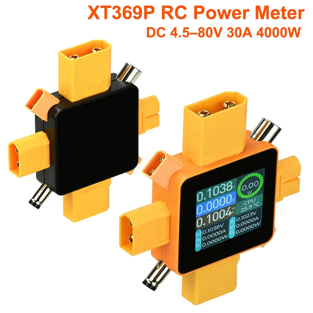 XT369P RC Power Meter Watt Meter 4000W Bidirectional Battery Capacity Tester with XT60/XT30/XT90 for Drone FPV DC 4.5–80V 30A