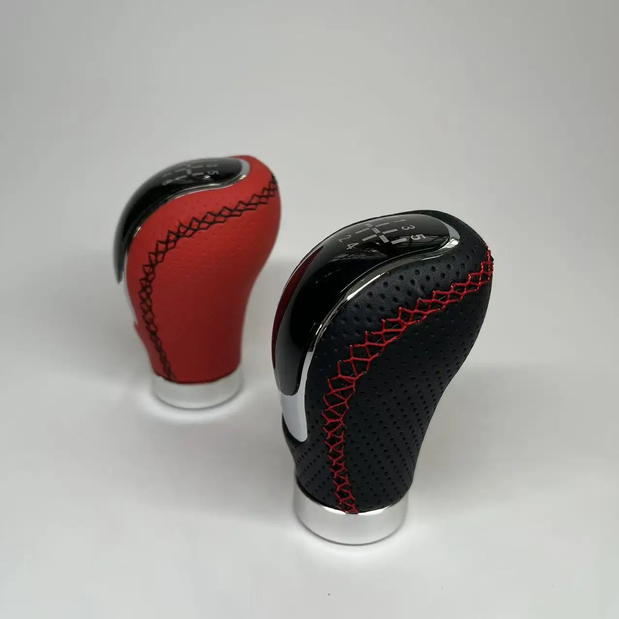 Manual 5/6 Speed Gear Shifter Knob, 8/10/12mm Adapter, Synthetic Leather Stitch Lever, Black/Red Perforated, Universal Fit