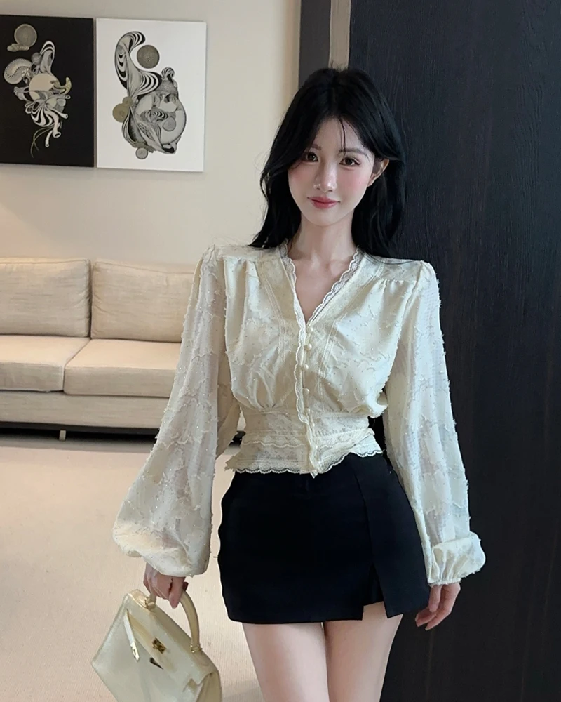 الخريف الدانتيل والتطريز الأزهار الخامس الرقبة بلوزة شيفون الأبيض المتخصصة مرونة الخصر نفخة الأكمام بلايز المرأة أنيقة الأسود مكتب العمل #6