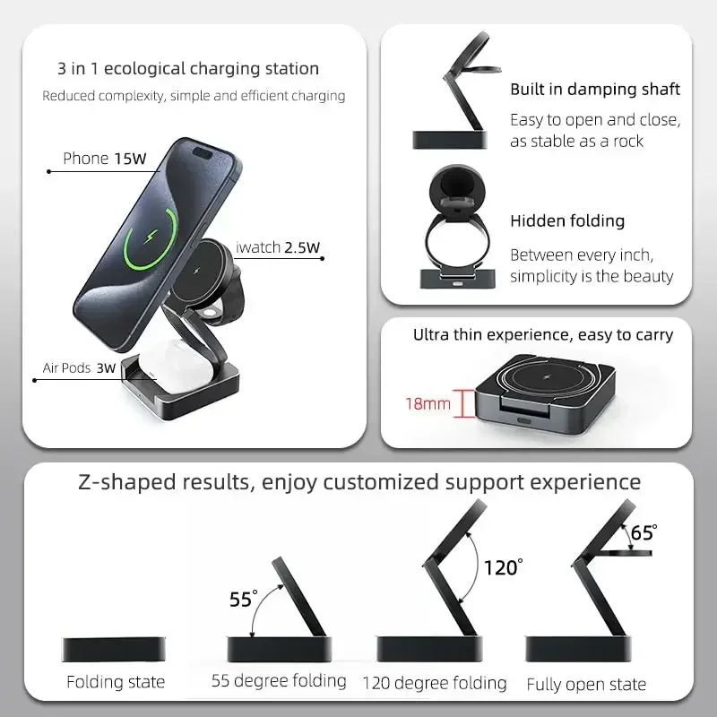 Qi2 3-in-1 Foldable Magnetic Wireless Charging Station, Ultra-thin Metal, for IPhone 16 Pro, Watch Ultra 2, AirPods Pro Charger