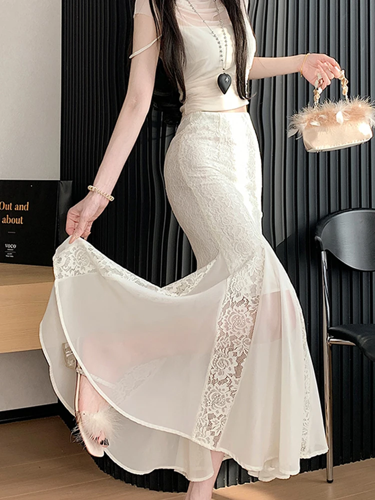 Lace fish tail half skirt for women in summer new light luxury high-end temperament hip hugging pleated mesh long skirt