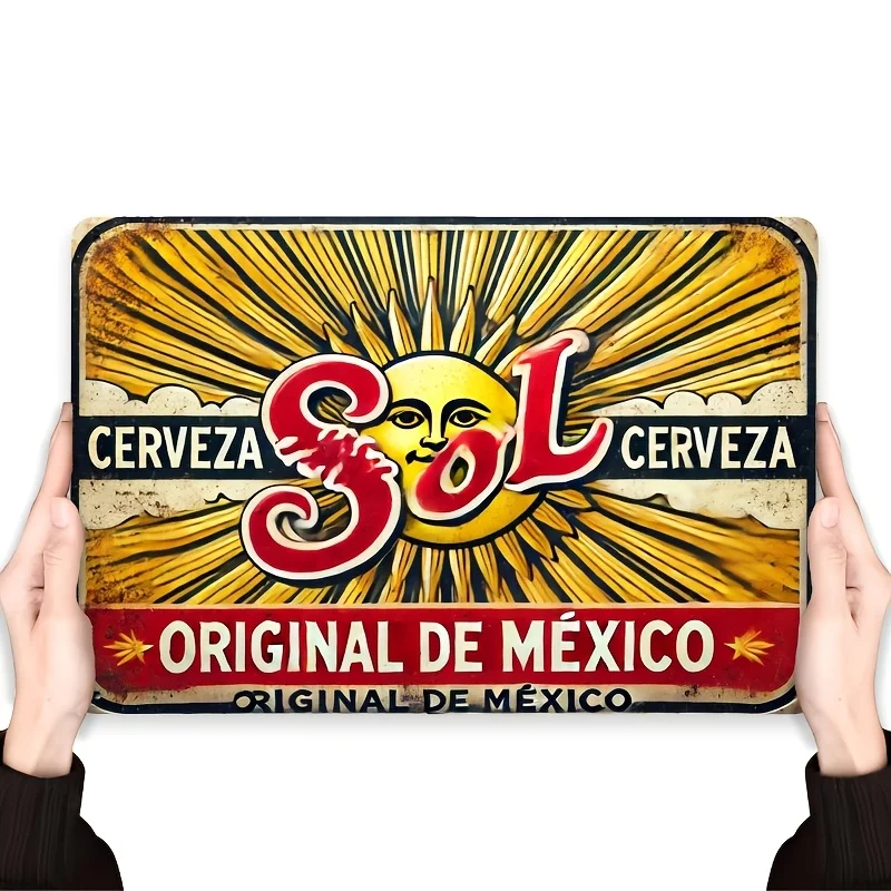 Vintage Cerveza SOL Metal Wall Art Sign  - Rustic Mexican Beer Decor with Sun Logo,Spanish Text - Durable Metal, Easy to Hang -