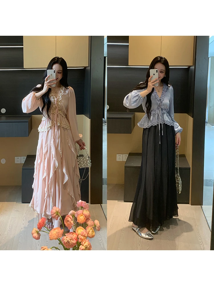 

Летний комплект XINYI: кружевная рубашка с вставками и юбка-полусолнце, стройнящий силуэт, женский модный ансамбль в повседневном стиле, с длинным рукавом, из полиэфирного волокна