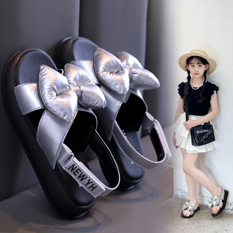 2024 Summer Girls' Sandals New Children's Fashionable Bow Princess Shoes Little Girls Soft Sole Sandals XHXL-8821