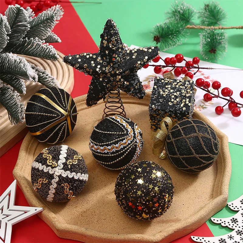 New Christmas Tree Decor Hanging Balls Pendant Black Sequined Shiny Christmas Tree Top Star Decoration Home Party New Year 2025