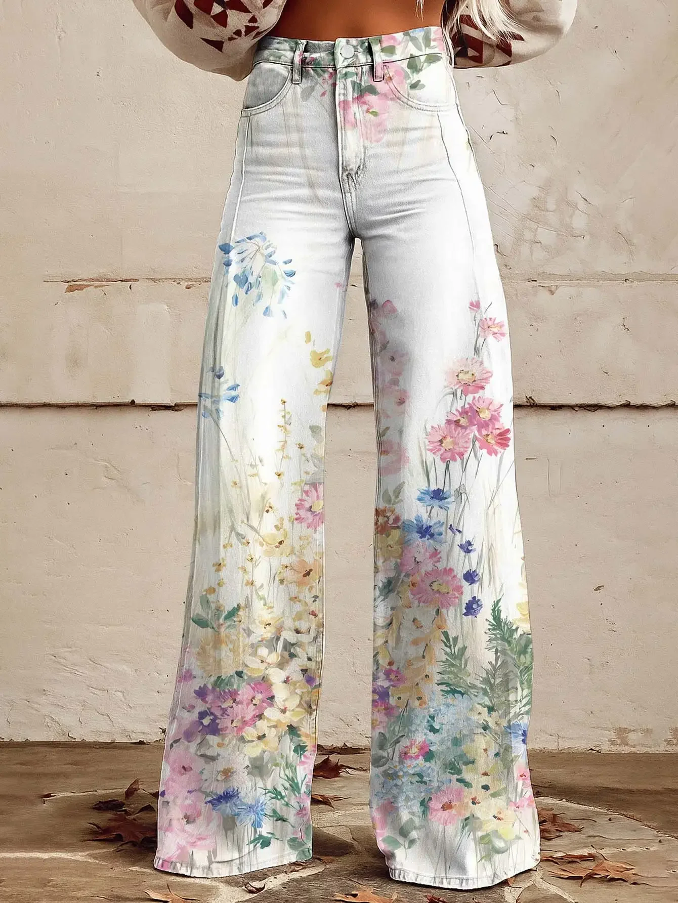Vibrant Street Trendy Printed Loose Horn Imitation Jeans