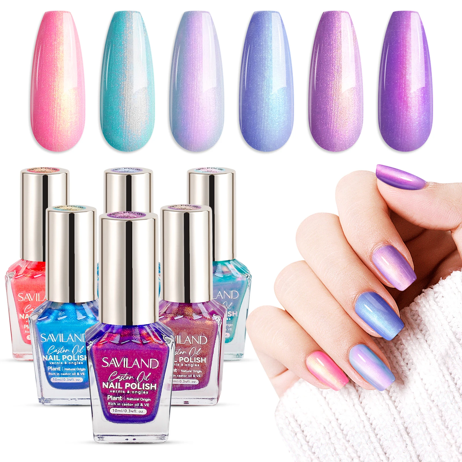 

SAVILAND 6Pcs Ombre Nail Polish Pink Blue Gold Purple Pearl Quick Dry Plant Based Castor Oil Natural Nail Lacquer Women Home DIY