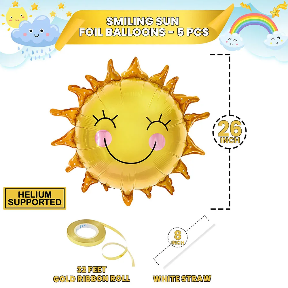 5Pcs 26Inch Smile Face Sun Balloons for Party Mylar Sunshine Balloons Summer Balloons for Sunshine First Birthday Decorations