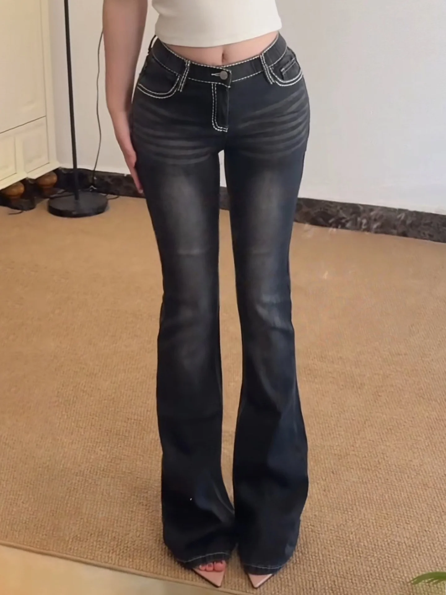 

Low Waist Women's Bell Bottom Jeans Korean Style Slim Fit High Hip Casual Long Pants Tightening Butt Enhancing Versatile