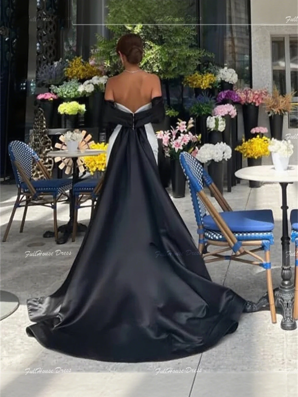 Vestido de fiesta formal con abertura lateral plisado y hombros descubiertos personalizado Vestido de noche hasta el suelo sin espalda con tren de barrido