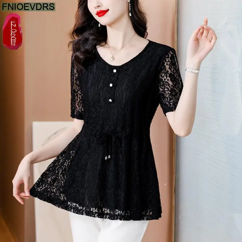 Hollow Out Black Lace Peplum Tops Blouses 2024 Summer Short Sleeve New Design Purple Red Drawstring Waist Office Lady Shirts