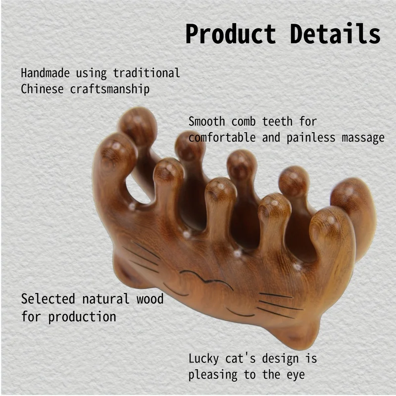 1Portable cat-shaped sandalwood meridian massage comb，Wide-toothed sandalwood comb，Used for scalp massage、Meridians、Acupoint rel