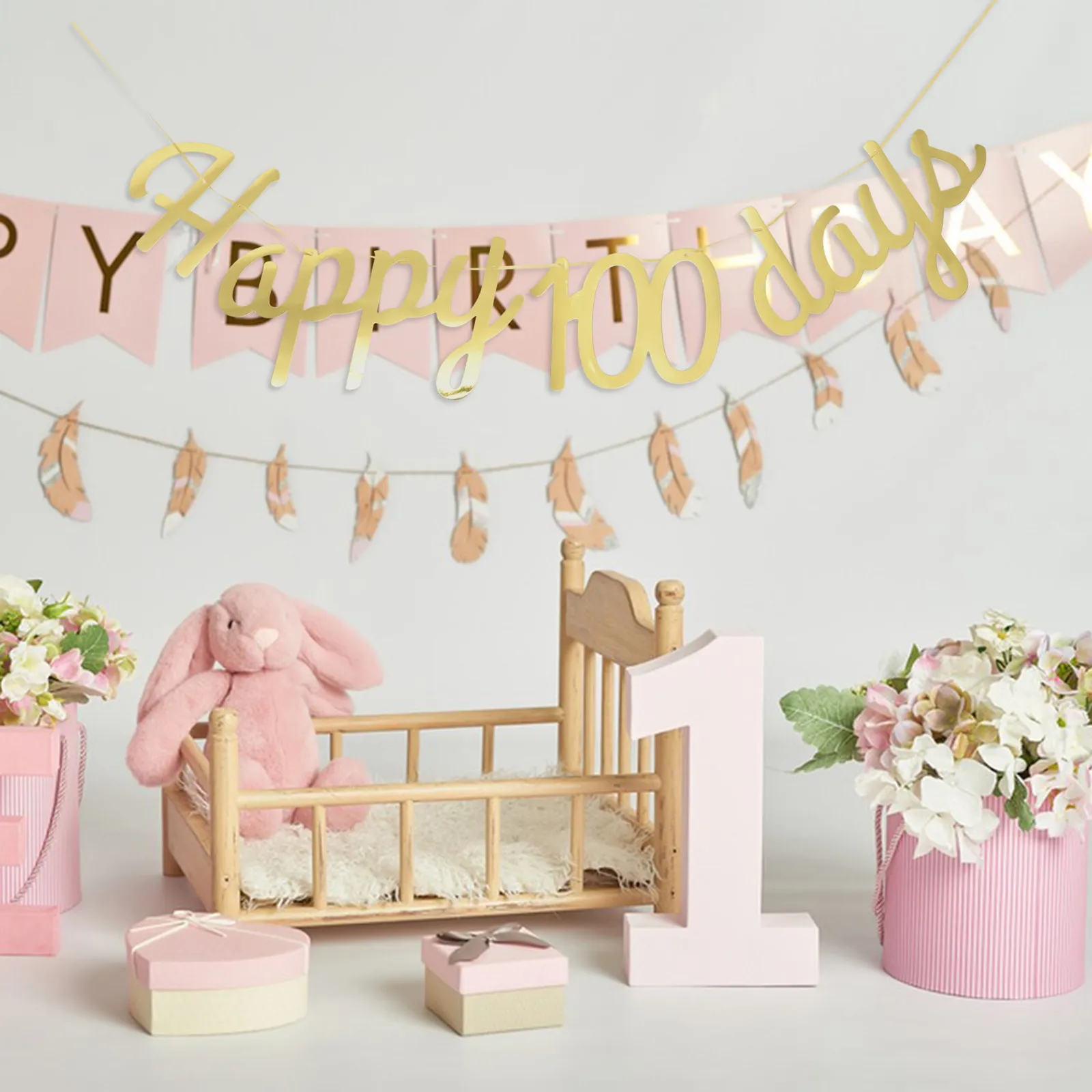 3Pcs Happy 100 Days Bunting Banner Set Premium Material Non Fade Tear Resistant for Baby Shower Birthday Party Wedding