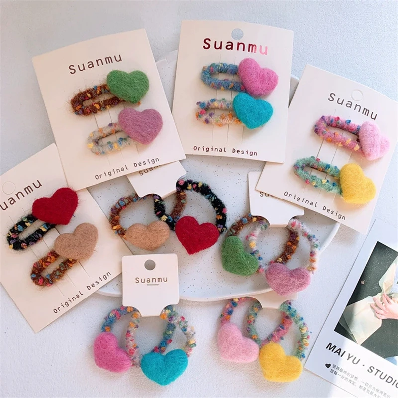 Cartoon Heart Hair Clips for Girls Wool Felt Hairpins Baby Side Clip Cute Hair Accessories Kids Hair Tie Girl Ponytail Holder