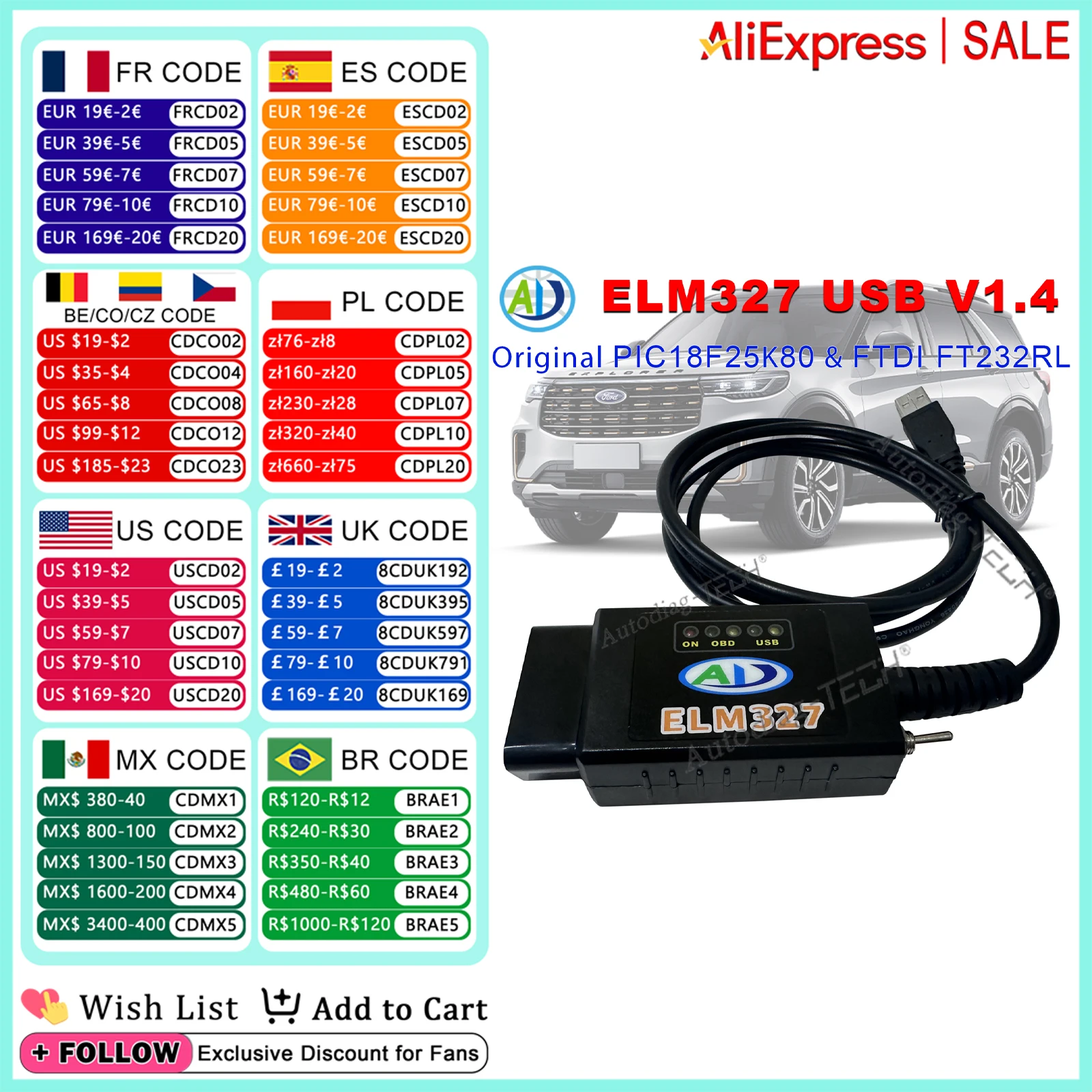 ELM327 V1.4 USB FTDI FT232RL PIC18F25K80 HS CAN/MS CAN переключатель для Ford FORScan OBD2 сканер считыватель кодов автомобильный диагностический инструмент