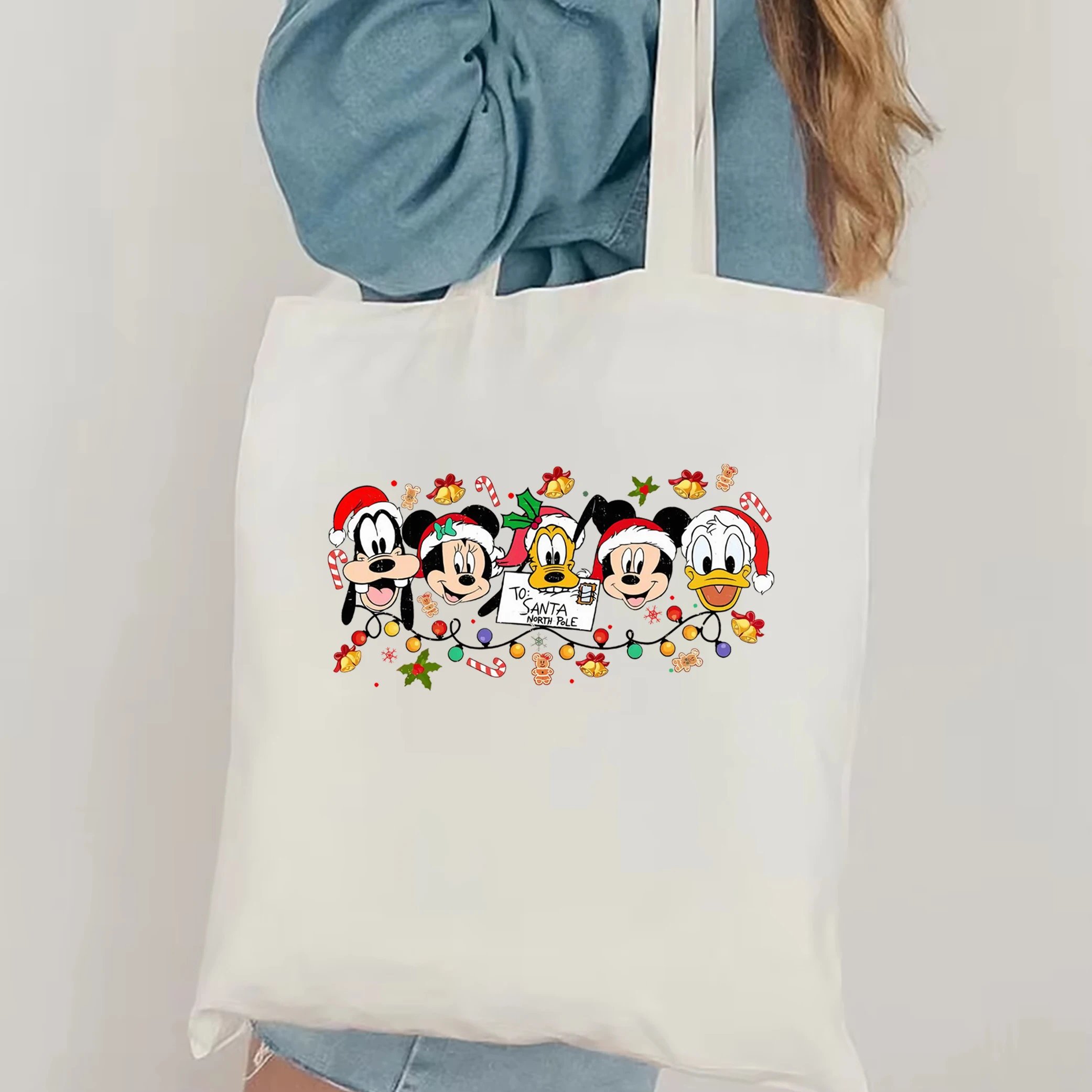 Vintage Mickey And Friends Christmas tote bag Disney Christmas Lights Handbag Mickey Christmas Gift WDW Disneyland Storage Bag