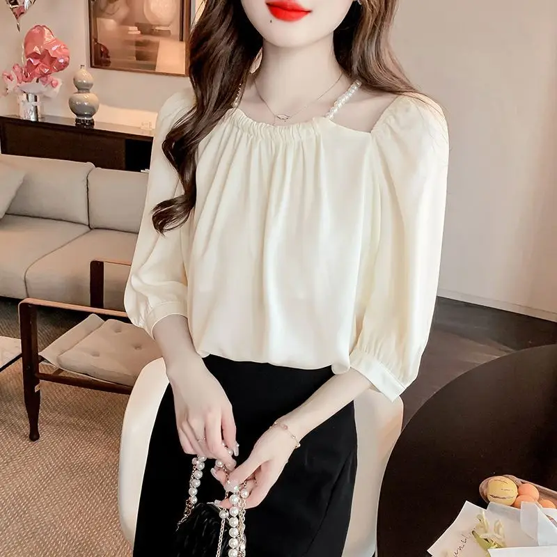 Summer Women\'s Chiffon Solid Color Pullover Long Sleeve Beaded Shirring Round Neck T-shirt Elegant Fashionable Casual Tops