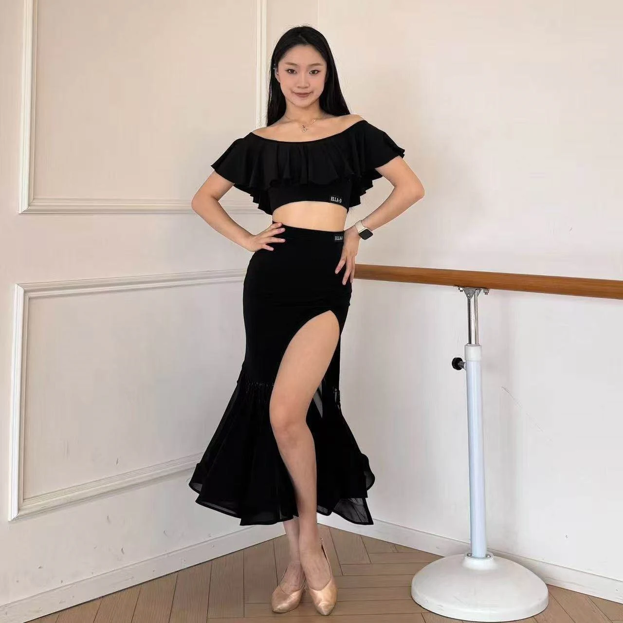 Roupas de dança latina mulheres dança de salão prática desempenho curto topos fenda saia longa vermelho preto tango wear 2 pçs terno dnv26037