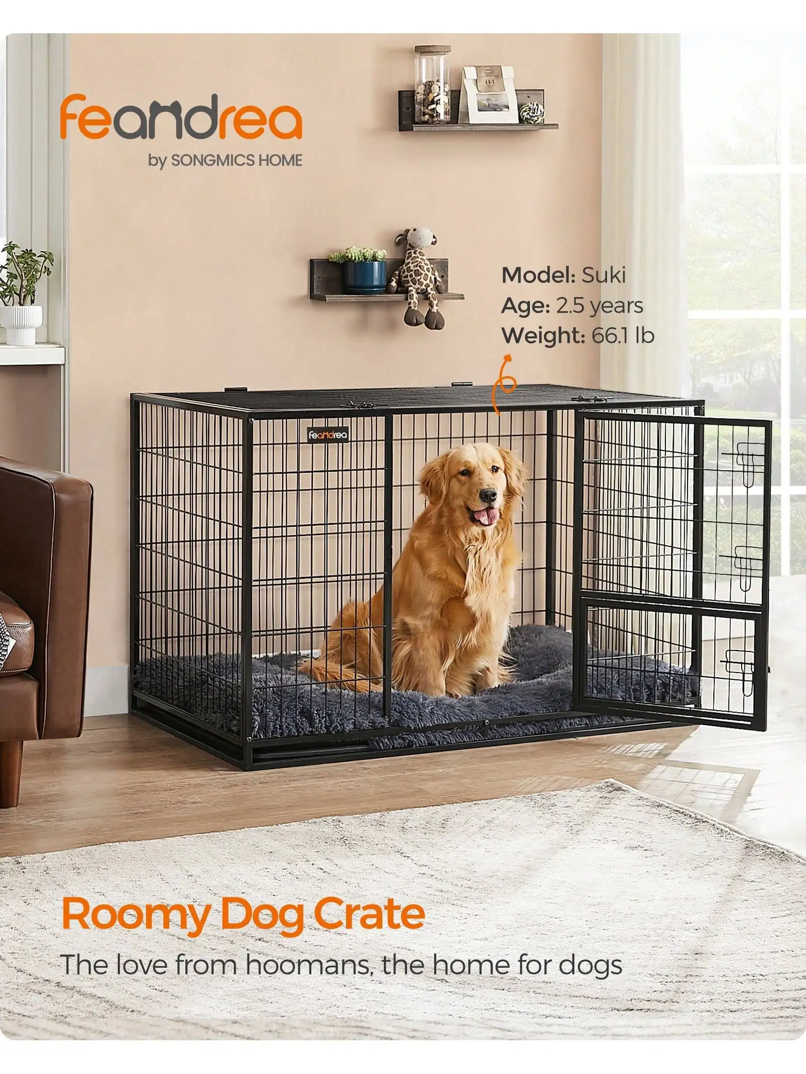 Feandrea Heavy-Duty Dog Crate, Metal Dog Kennel And Cage With Removable Tray, XXL For Large Dogs, 48 X 29.3 X 31.7 Inches, Black