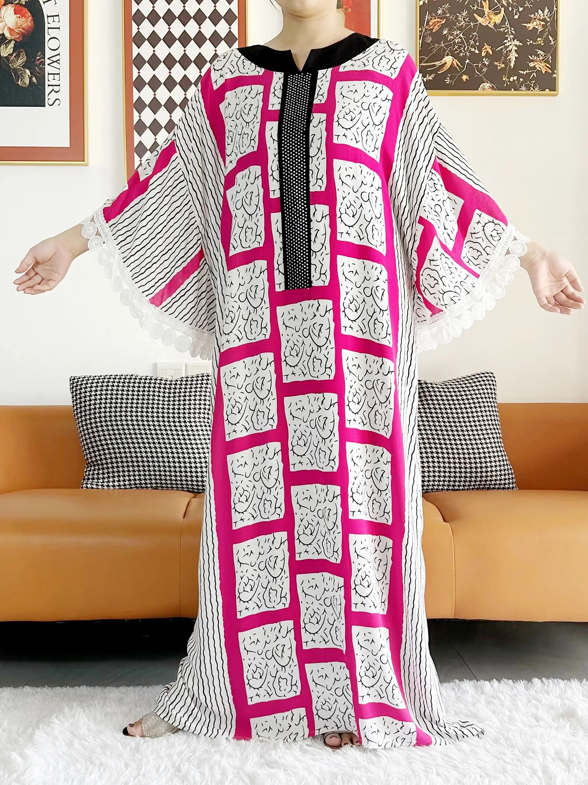 2023 African Lady Eid Dress with Big Scarf Cotton Wave Point Printed Loose Floral Boubou Maxi Islam Women Short Sleeve Abaya