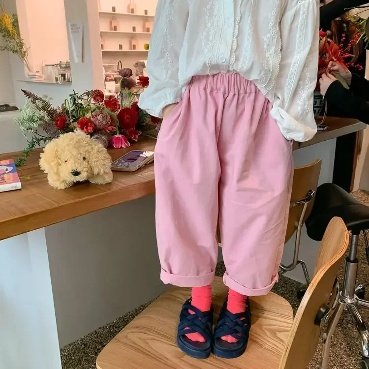 Pantalones rectos rosas para niñas, mallas informales versátiles de pierna ancha, ropa para niños, otoño