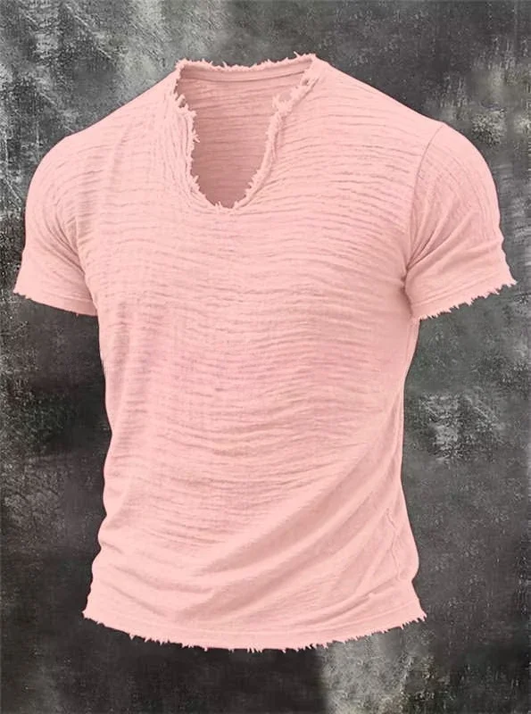 Herren-T-Shirt mit ausgefranstem V-Ausschnitt und kurzen Ärmeln, faltige Textur, 100 % Baumwolle, minimalistische, lässige, einfarbige T-Shirts für den täglichen Gebrauch – Detail 8