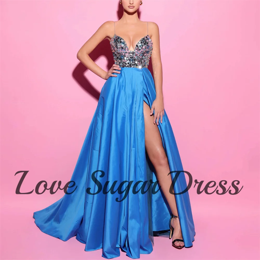 Satin A Line Evenig Dress For Women Exquisite Sparkly Sequin  Prom Dresses Sexy Slit Spaghetti Strap V Neck Formal Party Gowns