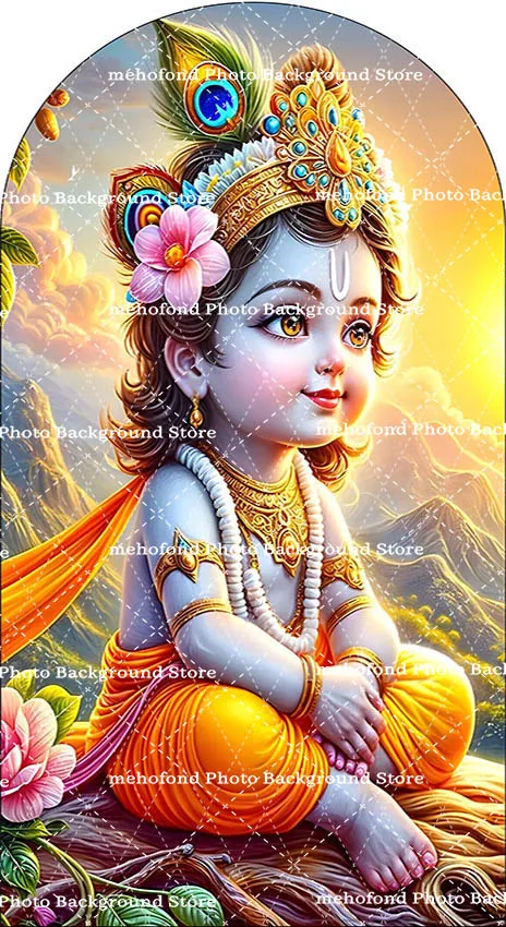 Mehofond Krishna Radha Yashoda Arch Backdrop Cover Kids Birthday Party Baby Shower India God Decor Chiara 2-sided Background