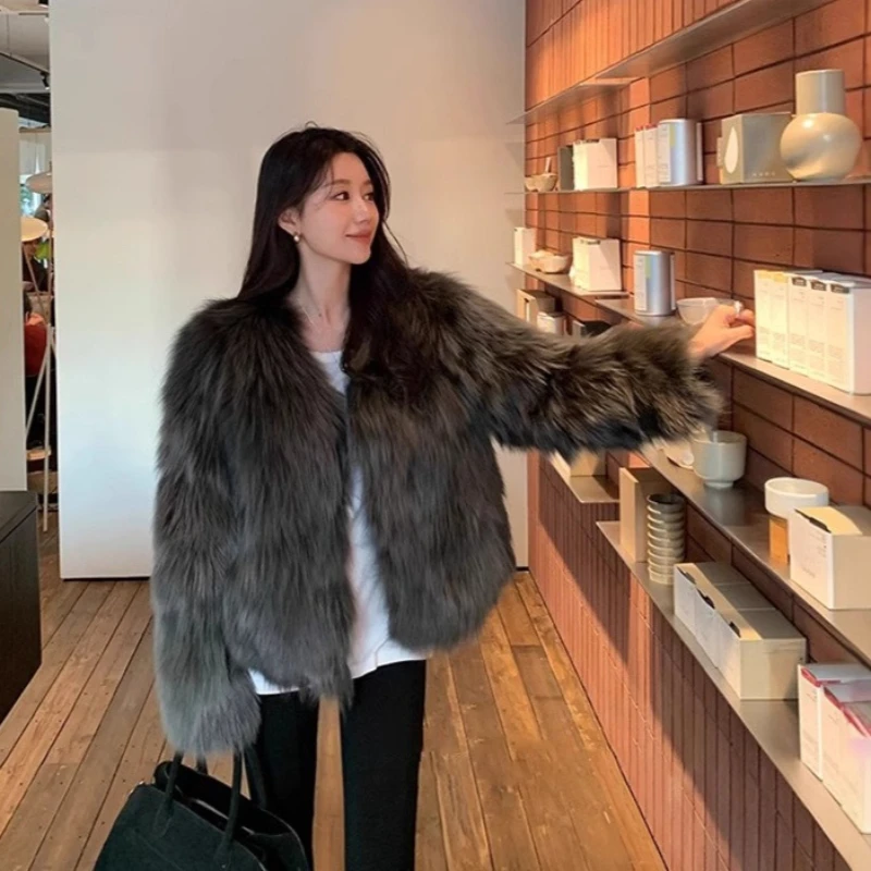 

Women Faux Fur Coat Solid Fur Jacket V Neck Long Sleeve Coverd Button Thick Warm Fur Loose Casual Office Lady 2025 Autumn Winter