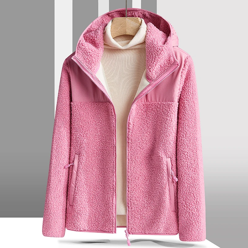 New Loose Fashion Versatile Warm Lamb Fleece Hooded Cardigan Coat Women\'S Autumn Winter Plush Thickened Outdoor Sports Jacket