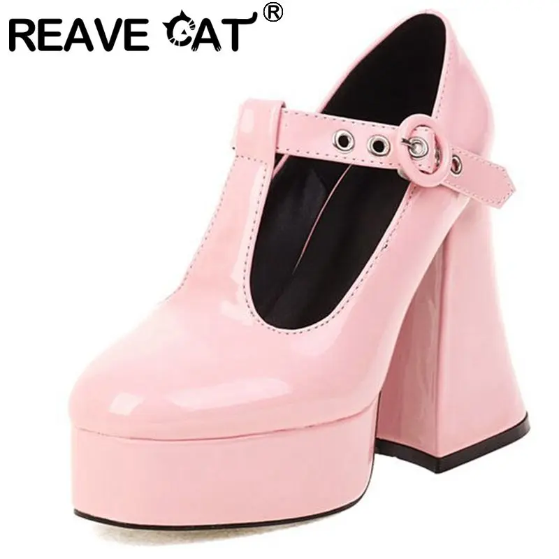 

Женская обувь REAVE CAT, туфли-лодочки на платформе, толстые высокие каблуки с Т-образным ремешком и пряжкой, модный размер 35–43, черный, синий, вечерние, весенний S3595