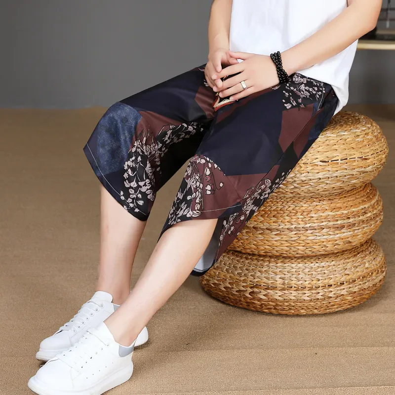 Men's Cropped Pants Summer Thin Breathable Ice Silk Shorts Chinese Loose Large Size Harun Casual Trendy Breeches