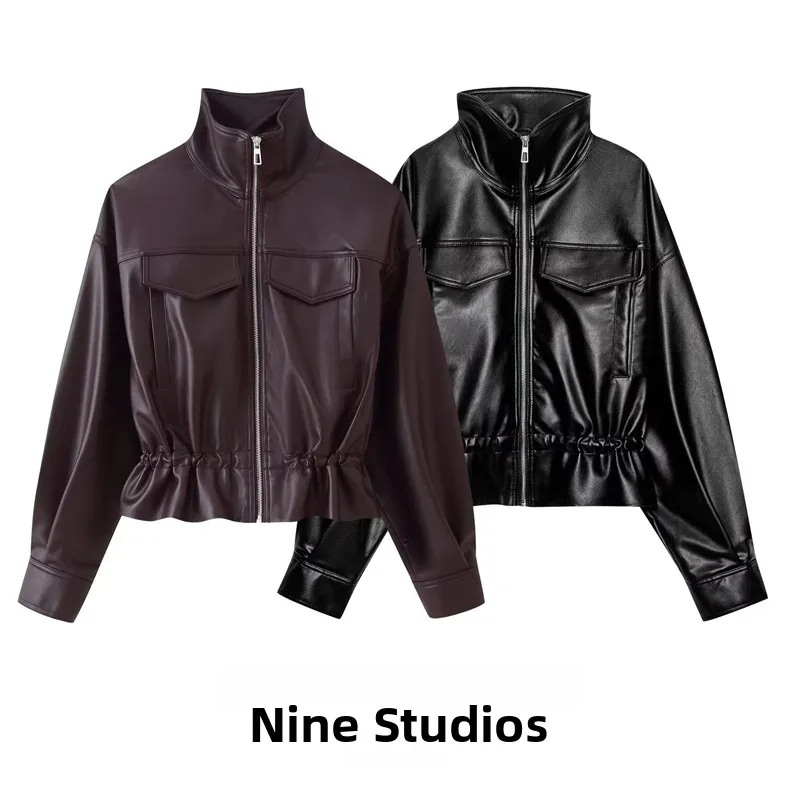 Leather Effect Adjustable Waist Zipper Detail Stand Collar Jacket Women's Fashion Outerwear Short Length Long Sleeve