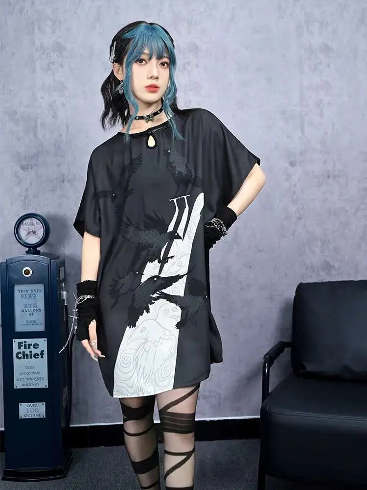 새로운 중국 스타일 국가 스타일 한 요소 느슨하고 편안한 돌먼 슬리브 긴 티셔츠 스커트 여성 패션상의