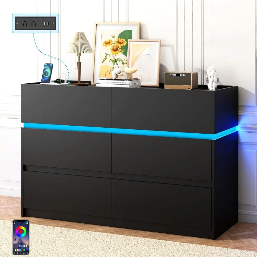 6 Drawer Dresser with Charging Stationd LED Lights Wide Double Chest of Drawers Organizer Modern TV Stand Drawer Storage Cabine