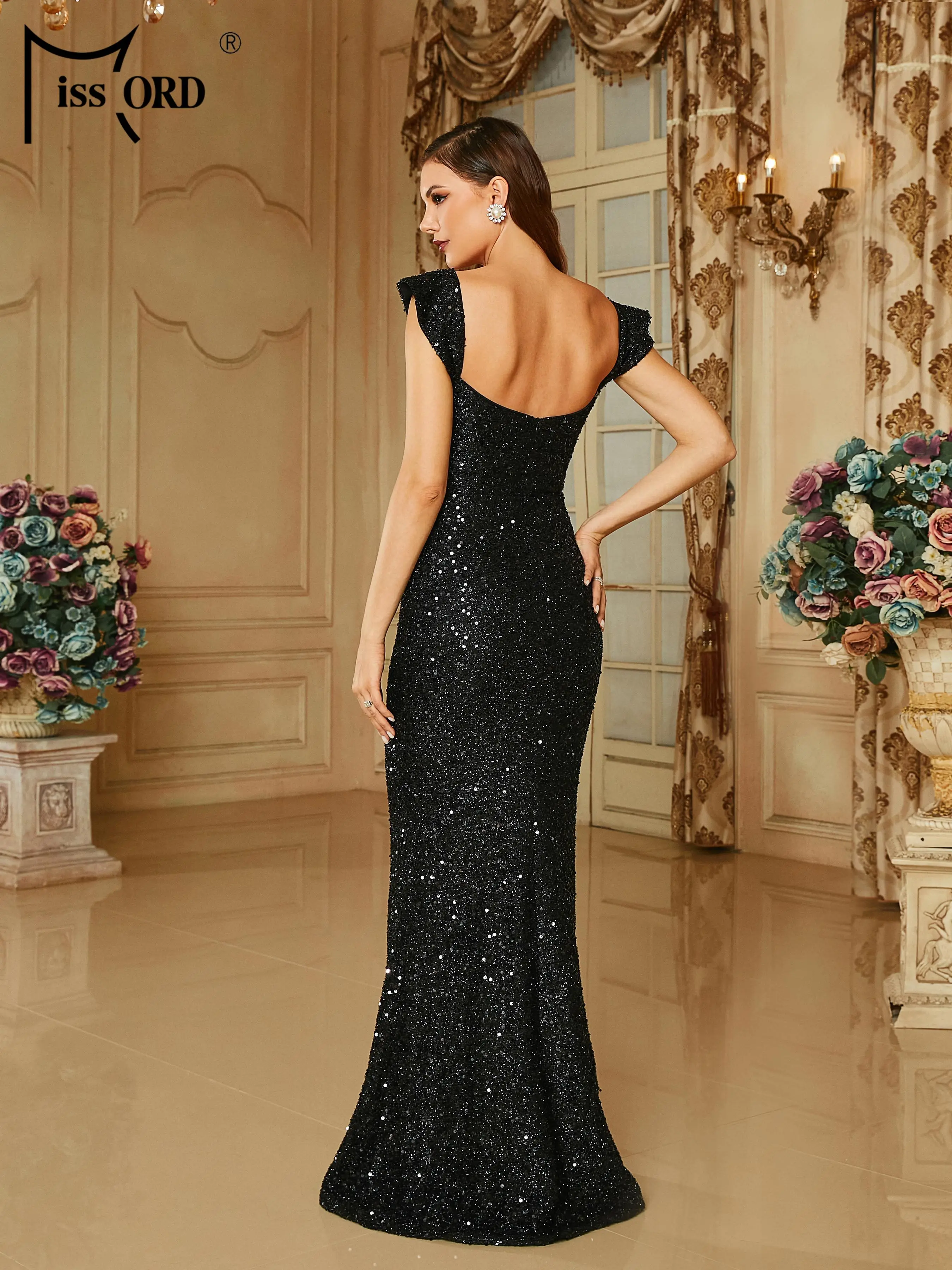 Missord-Vestido de lantejoulas preto recortado feminino, elegante, bonito, luxo, alta qualidade, festa noturna