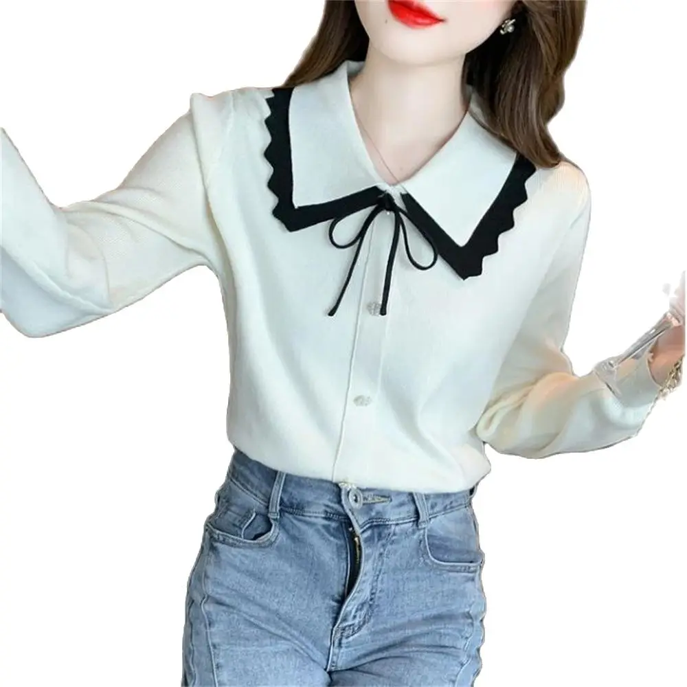 

Doll Collar Sweaters Knitted Jumper Women Autumn Winter Jumper Stretch Bow Tied Tops Knit Outerwear Spring Hedging Overcoat 2xl