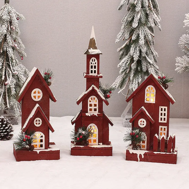 Christmas Day New Wooden Fir Red Glowing Cabin Snow House Decoration Supplies Scene Ornament