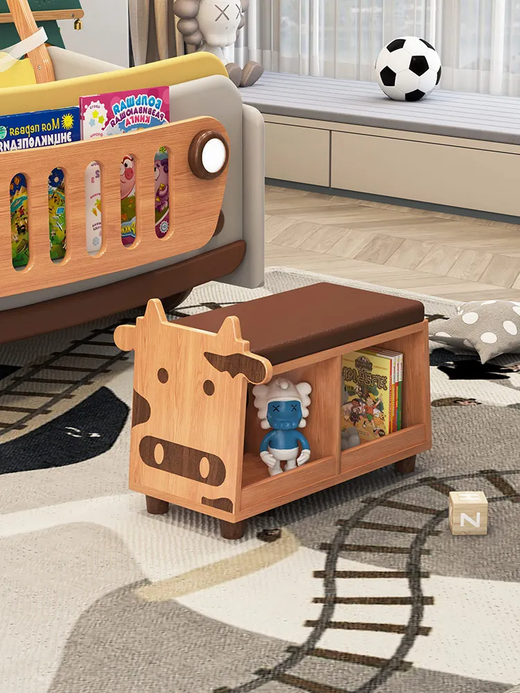 Children's Storage Stool Solid Wood Shoe Changing Stool Cartoon Animal Household Toys Picture Book Storage Stool Sofa