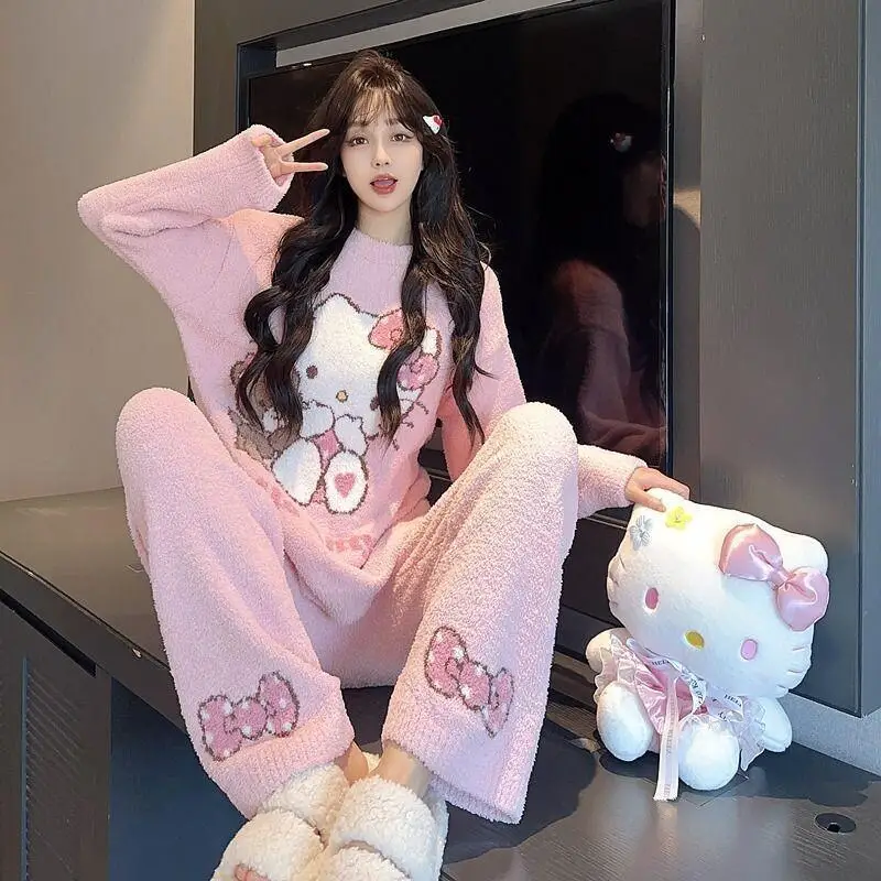 

Женский плюшевый пижамный комплект Sanrio Hello Kitty с круглым вырезом, зимний, на флисовой подкладке, для дома, милый, в стиле каваи, для сна