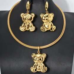Cute Bear Pendant Necklaces Earrings Jewelry Set for Girls Women Dubai 18K Gold Plated African Drop Earring Collar Jewelry Gift
