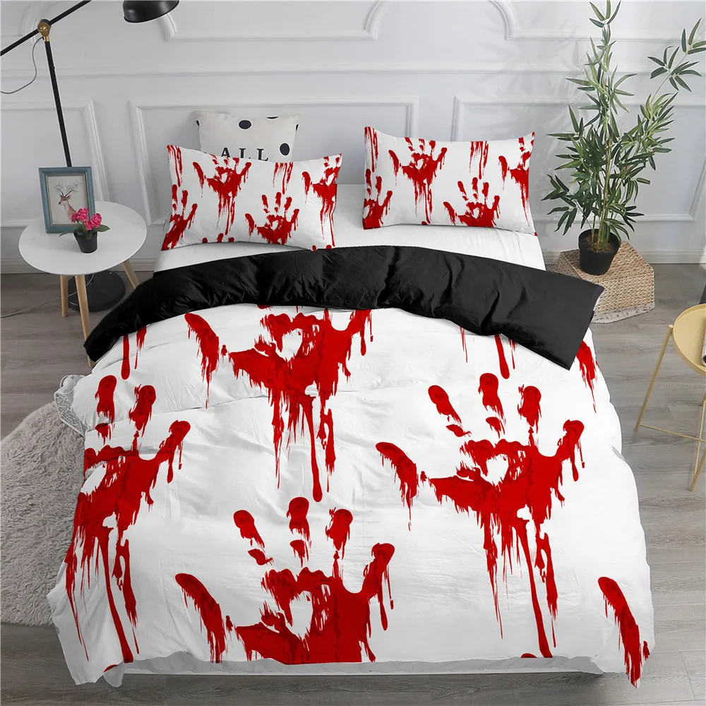 Halloween King Queen Duvet Cover Horror Blood Hand Bedding Set for Teens Scary Red Blood Stains 2/3pcs Polyester Quilt Cover