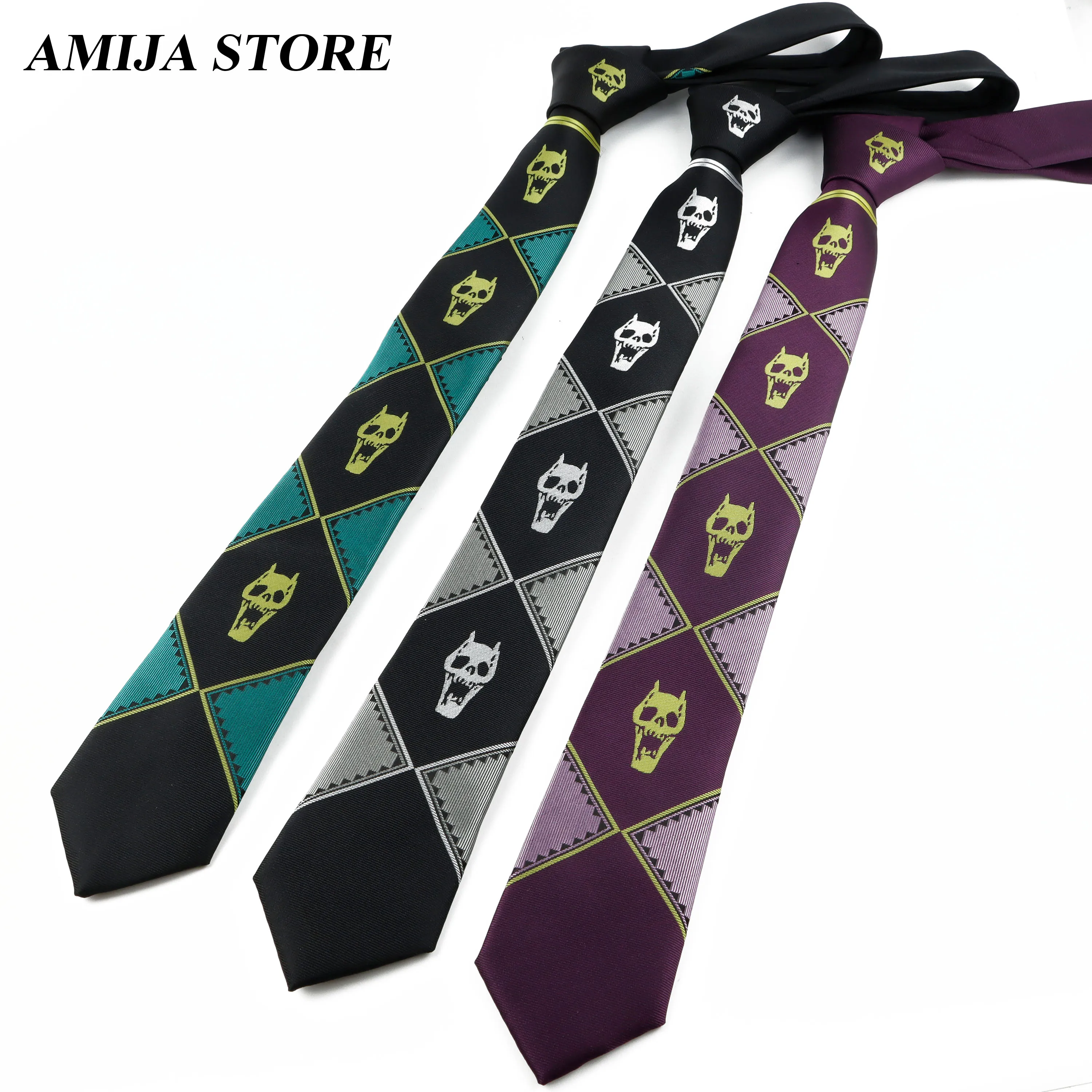Corbata de Anime JoJo Kira Yoshikage, Cosplay de Halloween, corbata delgada para hombre, accesorios de disfraz, corbata de puerta con calavera de KILLER QUEEN