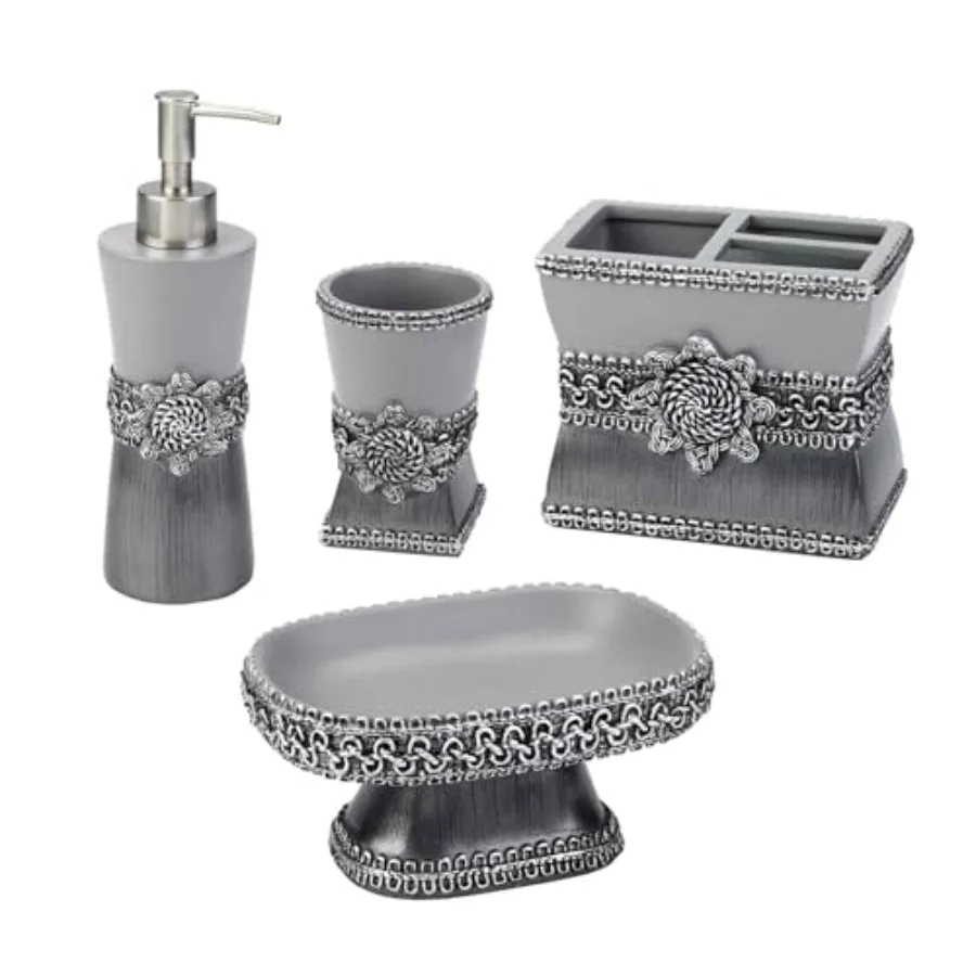 

Набор аксессуаров: подставка для стакана из смолы, дозатор для мыла и лосьона, декоративный плетеный медальон, коллекция «Гранит»